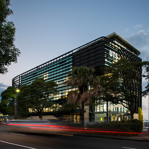 UTS Rugby Australia Building in the evening.